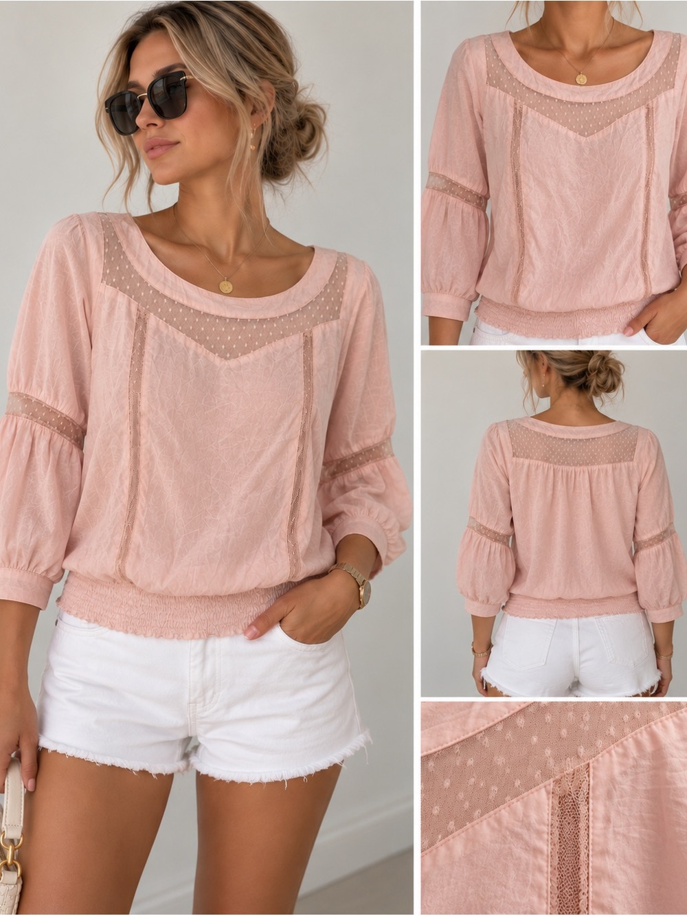 Vintage Stradivarius romantic Pale Pink Sheer-Trim Peasant Blouse